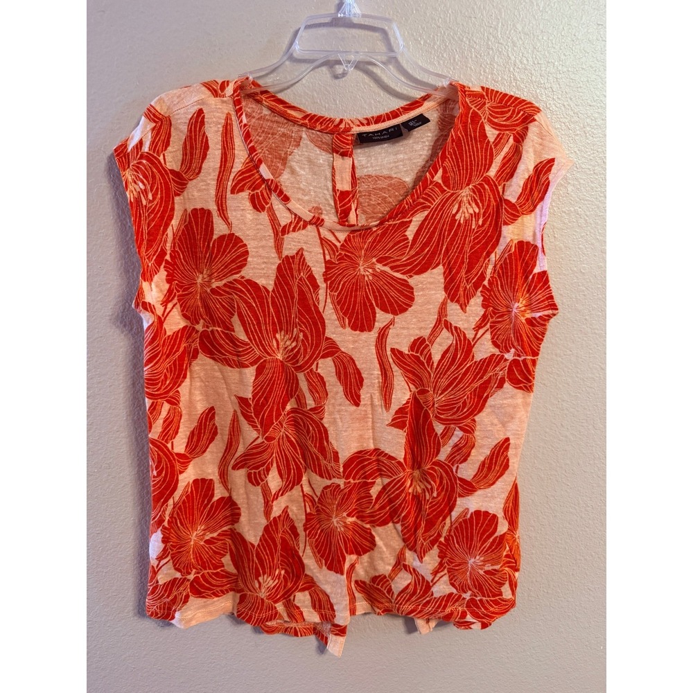 Tahari Floral Linen Top Womens Large Orange Peach Button Back Sleeveless Blouse